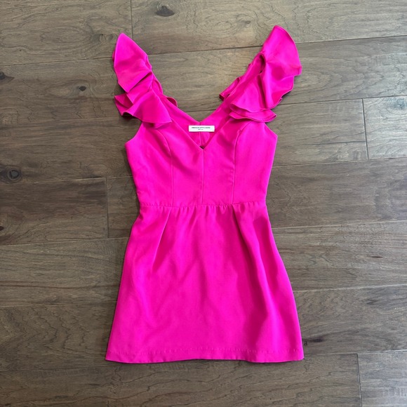 Amanda Uprichard Hot Pink Ruffle V-Neck Cutout Back Mini Dress Fuchsia Medium